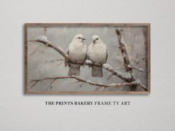 frame tv art winter doves in snow, vintage bird wonderland, snowscape rustic samsung tv art, primitive neutral dove, dig