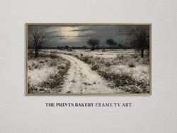 frame tv art winter full moon snowy landscape, moody vintage country path, farmhouse rustic tv art rural neutral art dig