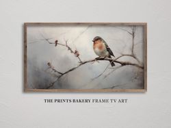 frame tv art winter red robin on tree portrait, vintage holiday bird tv art, neutral rustic seasonal moody tv art, digit