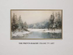 frame tv art winter snowy forest lakeside art, vintage primitive farmhouse tv art, neutral rustic country snowscape, dig