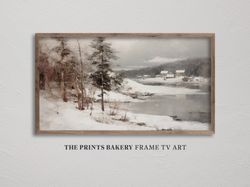 frame tv art winter wonderland lakeside landscape, frozen lake vintage snowscape, farmhouse tv art, neutral rustic digit