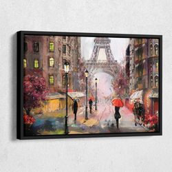 oil painting on canvas, street view of paris, artwork, eiffel tower, colored, canvas wall art home decor framed poster p