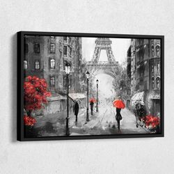 oil painting on canvas, street view of paris, artwork, eiffel tower, red umbrella, canvas wall art home decor framed pos