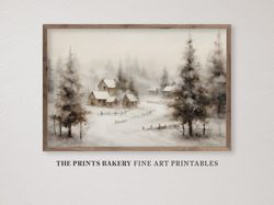 printable winter country farmhouse print, vintage snowy haven pine trees wall art, neutral rustic christmas landscape di