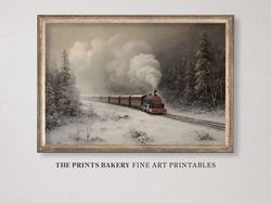 printable winter train print, vintage snowscape rustic wall art, christmas snowy landscape prints, moody neutral xmas di