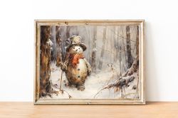 snowman print, winter forest painting, vintage snowman poster, printable snowman painting, winter farmhouse decor, rusti