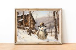 snowman print, winter landscape painting, vintage snowman poster printable snowman painting, winter country decor, chris