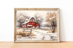 vintage red barn print, winter farmhouse painting, winter snow barn wall art, winter country landscape, printable christ