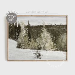 vintage winter print, snowy winter forest art, rustic landscape oil painting, moody country scenery, farmhouse decor, di