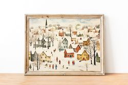 vintage winter village painting, winter scenes, printable winter landscape, winter wall art print, country winter print,