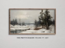 frame tv art winter wonderland landscape, vintage snowy lakeside farmhouse tv art, neutral rustic snowscape country, dig