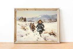 vintage winter print, winter scenes, printable winter landscape, kids in snow, country winter print, winter wall art pri