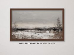 winter landscape samsung frame tv art, snowy vintage digital download, rustic abstract painting, winter farmhouse nordic