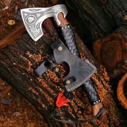 handmade forged high carbon steel medieval wood axe with ash wood shaft. am industry