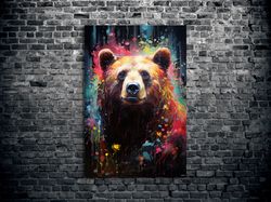 bear canvas wall art grizzly bear neon oil painting art bear canvas print home decor ready to hang brown bear canvas wal