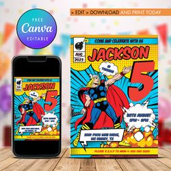 thor birthday invitation, comic marvel thor birthday any age invitation canva editable instant download