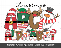 christmas alphabet, christmas doodle letters, reindeer, elf, santa claus, snowman, christmas png letters, christmas font