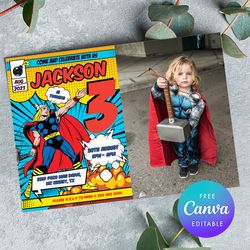 thor birthday invitation with photo, comic marvel thor birthday any age invitation canva editable instant download