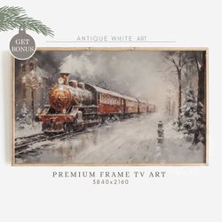 frame tv christmas express train, moody winter landscape, samsung frame tv art, snowy railroad christmas tv art, digital