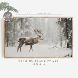 samsung frame tv art, deer in snowy winter landscape, christmas frame tv art, winter forest, holiday frame tv art, digit