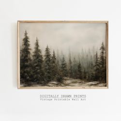 vintage winter pine forest, printable christmas painting, rustic landscape, seasonal christmas decor,  printable digital