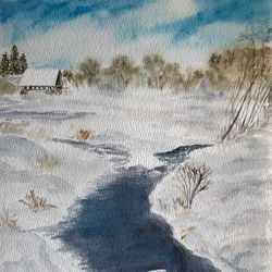 winter landscape village original watercolour painting wall art hand painted