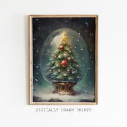 Vintage Christmas Wall Art, Christmas Tree Snowglobe, Christmas Printable Oil Painting, Seasonal Christmas Decor, Holida