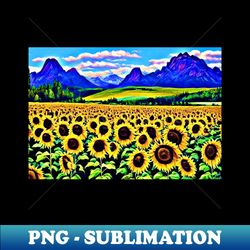 field of sunflowers meadow landscape with mountains - unique sublimation png download - unleash your creativity