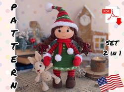 crochet pattern christmas doll and bunny. tutorial doll in english, in pdf. cute santa's helper crochet toy. christmas g