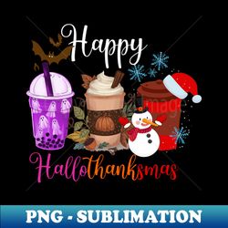 happy hallothanksmas coffee latte halloween thanksgiving - instant png sublimation download - bold & eye-catching