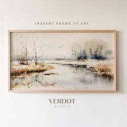 Winter Pond Frame Tv Art, Winter Landscape Water-colour Painting Digital Download Tv Art Screensaver  TV2319.jpg