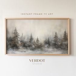 moody winter forest landscape frame tv art, rustic vintage christmas screensaver, evergreen trees oil painting christmas