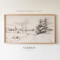 vintage winter frame tv art, neutral minimal landscape pencil sketch tv digital download, christmas decor  tv2323.jpg