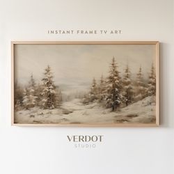 vintage winter painting frame tv art, muted brown neutral evergreen forest winter trees landscape, christmas decor digit