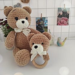 knitted teddy bear and rattle toy, rattle bear