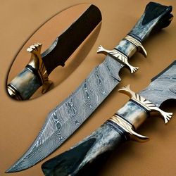 beautiful custom handmade damascus steel hunting bowie knife with leather sheath