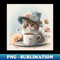 iiicute cat in a hat with flowers and a cup of tea - png transparent sublimation design - create with confidence