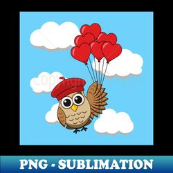 cute owl flying with heart balloons in blue sky - modern sublimation png file - create with confidence