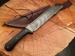 custom handmade damascus steel seax wood handle knife with leather sheath