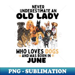 never underestimate an old lady who loves dogs and was june - trendy sublimation digital download - enhance your apparel with stunning detail