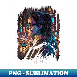 woman wearing glasses reflecting the city pixel art - special edition sublimation png file - instantly transform your sublimation projects