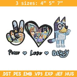 bluey peace love bandit embroidery design, bluey cartoon embroidery, cartoon design, embroidery file, digital download.