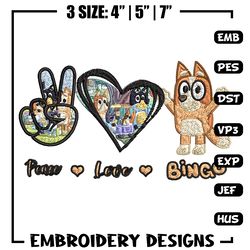 bluey peace love bandit embroidery design, bluey cartoon embroidery, cartoon design, embroidery file, digital download