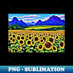 field of sunflowers meadow landscape with mountains - instant png sublimation download - defying the norms