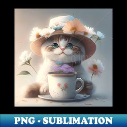 iicute cat in a hat with flowers and a cup of tea - premium png sublimation file - fashionable and fearless