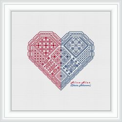 blackwork heart silhouette sampler celtic knot geometric ornament monochrome backstitch panel cross stitch pattern pdf