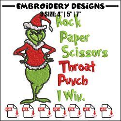 rock paper scissors throat punch grinch embroidery design, grinch christmas embroidery, grinch design, digital download.