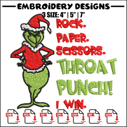 rock paper scissors throat punch grinch embroidery design, grinch christmas embroidery, grinch design, digital download