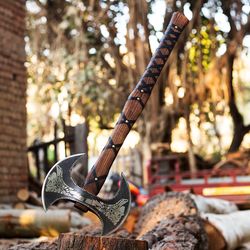 handmade double-headed viking axe with leather sheath, camping axe , best gift