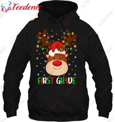 1st grade squad plaid reindeer santa hat t-shirt, funny christmas shirts  wear love, share beauty